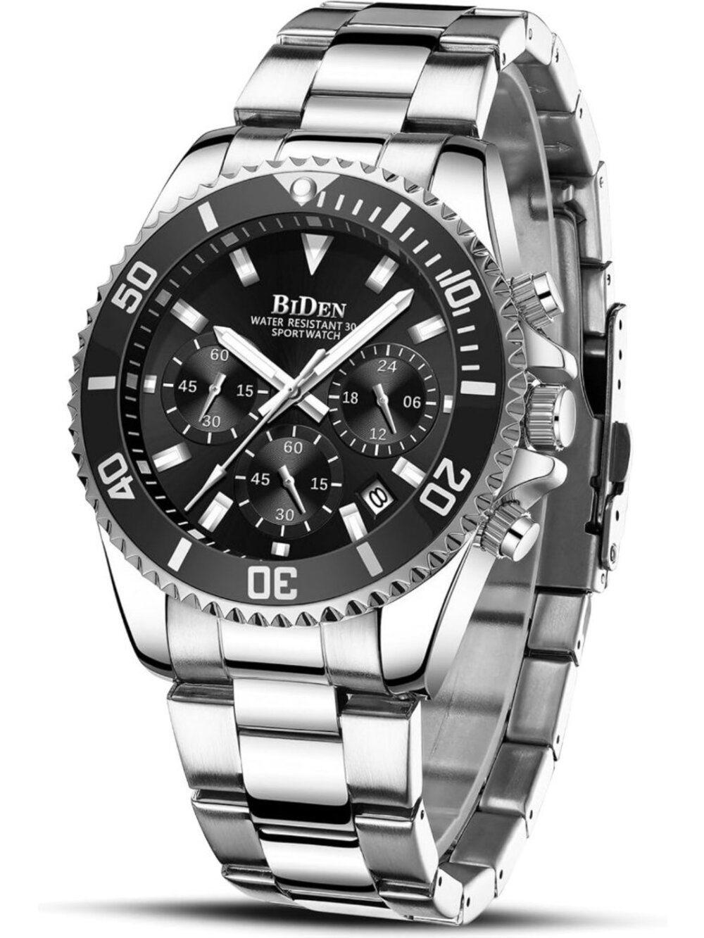 Stylish Men's Chronograph Watch - Black Stainless Steel, Waterproof, Date